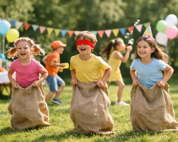 Barn hoppar i säckar under en fest. De skrattar och tävlar, det här är bäst i test lekar!