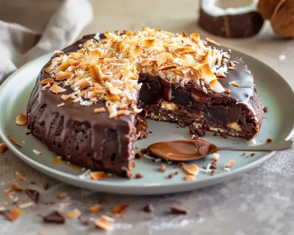 En saftig kladdkaka med kokostosca, täckt av chokladglasyr och toppad med rostad kokos. En sked med chokladsås ligger bredvid.