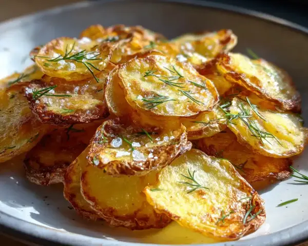 Krispiga potatis i ugn, toppade med flingsalt och färsk dill. Enkel men utsökt rätt.