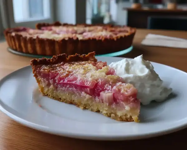 En saftig bit glutenfri rabarberpaj med en klick vispad grädde. Pajen har en gyllene botten och fyllning med rosa rabarberbitar.