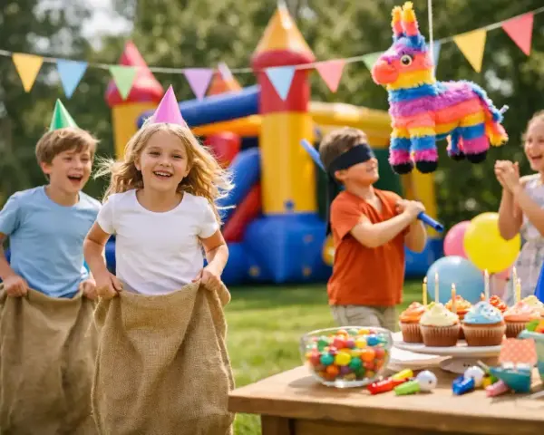 Barn gläds åt säckhoppning och piñata-lek, perfekta aktiviteter för att hitta på med barn. En färgsprakande födelsedagsfest utomhus.