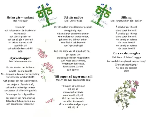 Sida med texter till enkla snapsvisor, som "Helan går" och "Uti vår nubbe". Illustrationer av blommor och flaggor.