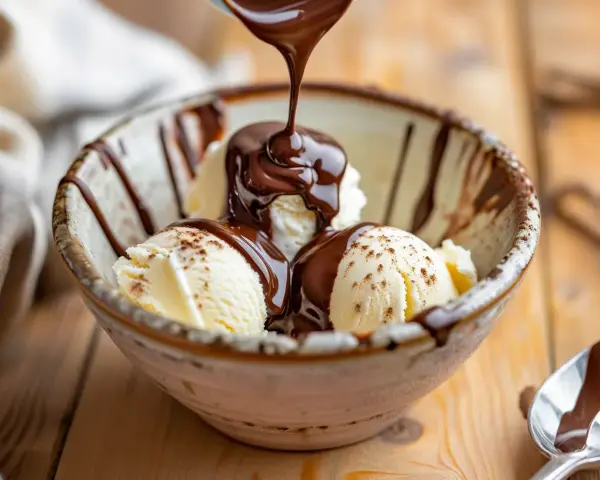 En skål med vaniljglass toppas med varm chokladsås. Ett enkelt chokladsås recept som lyfter desserten.
