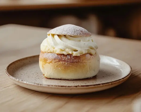 En semla med rikligt med vispad grädde och mandelmassa till semlor, pudrad med florsocker.