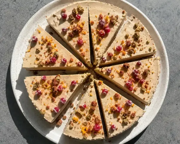 En skivad pepparkakscheesecake med lingon, garnerad med smulor och apelsinzest. En härlig juldessert!