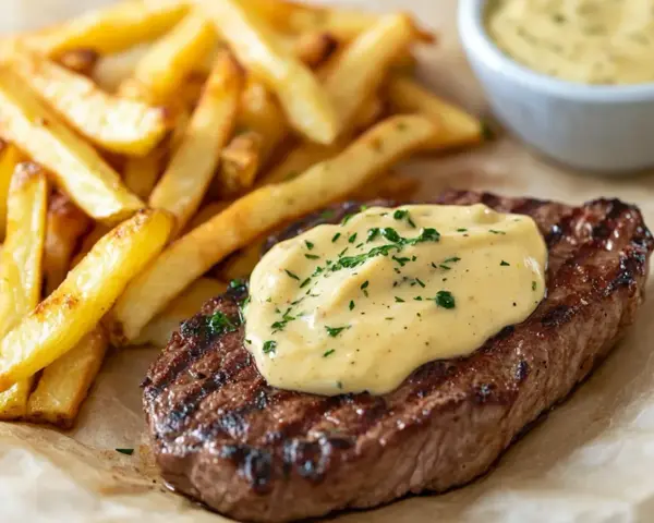 Grillad biff med pommes frites och en krämig bearnaisesås. Ett perfekt bearnaisesås recept för en lyxig middag.