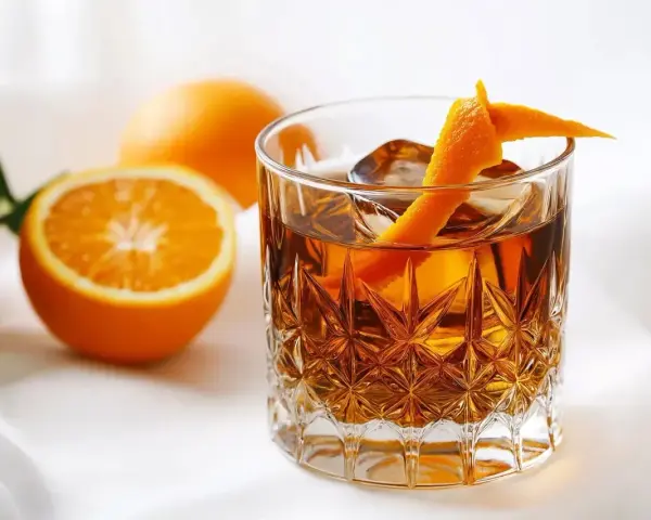 En drink med is och apelsinskal, bredvid färska apelsiner. Perfekt för ett sockerlag recept.