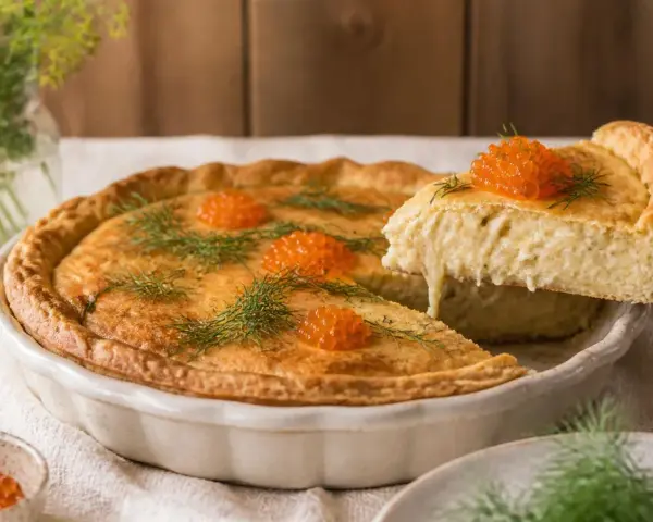 En gyllene paj med en härlig glutenfri pajdeg, toppad med rom och dill. En bit lyfts upp och visar den krämiga fyllningen.