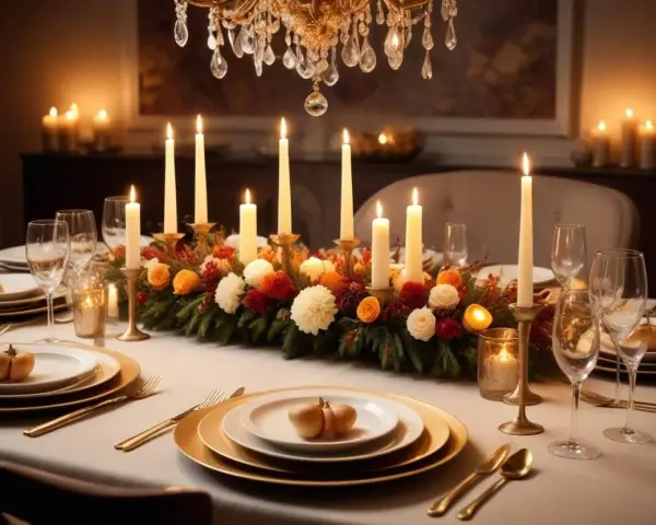 Vackert dukat bord med levande ljus och blommor, redo för en mysig middag. Bordslekar kan förhöja stämningen ytterligare.