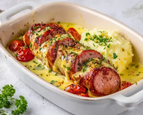 En saftig falukorv i ugn, gratinerad med ost och serverad med krämigt potatismos och körsbärstomater. En klassisk svensk rätt som värmer själen.