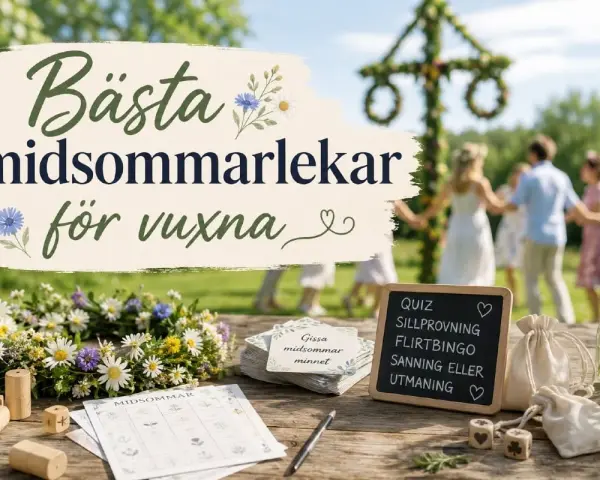 Bästa midsommarlekar för vuxna. En krans, spelkort och en liten svarta tavla med aktiviteter som quiz och utmaningar. I bakgrunden dansar folk runt en midsommarstång.