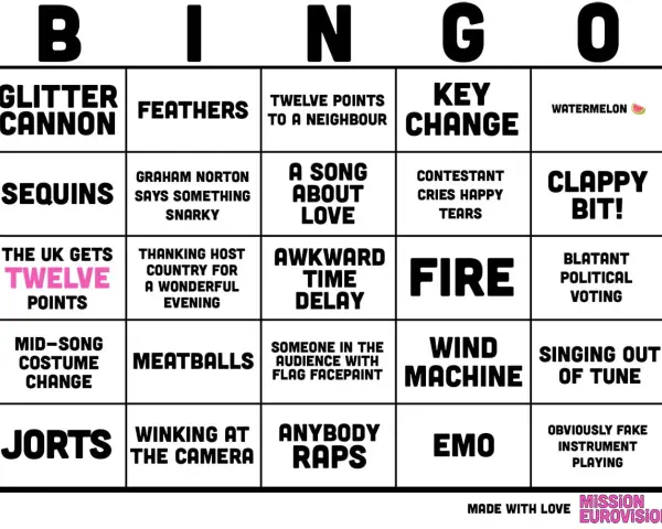 Eurovision bingo-kort med rutor som "Glitterkanon", "Vattenmelon" och "Blatent politisk röstning". Perfekt för att spela eurovision bingo!