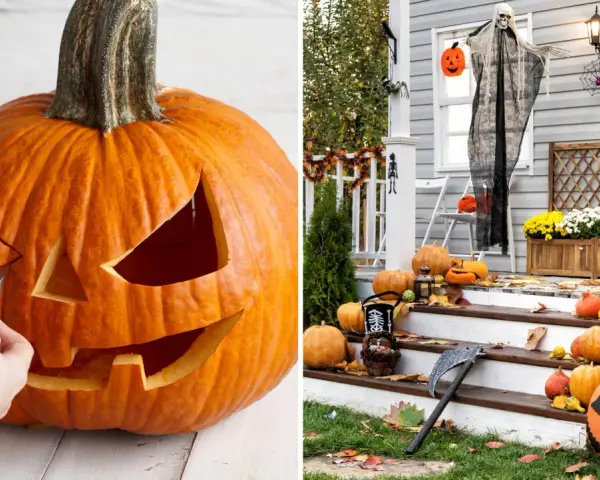 Förberedelser för halloween dag: en pumpa karvas och en husfasad dekoreras med pumpor, en spöklik gestalt och spindelnät.