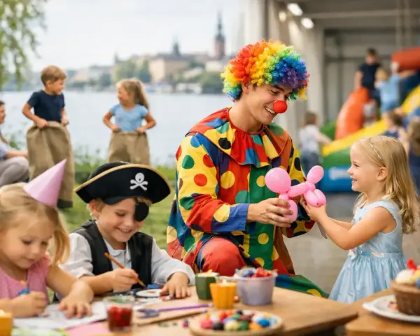 En clown med färgglad peruk gör ballongdjur till barn på en fest. En pirat och en flicka med partyhatt pysslar vid ett bord. En rolig aktivitet med barn.