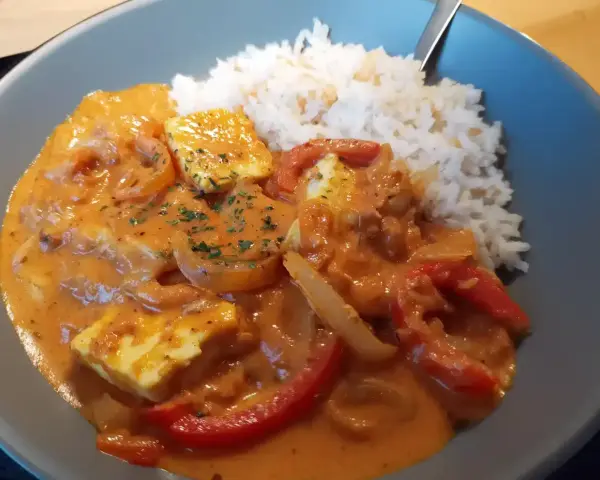 Halloumi stroganoff med ris. Krämig sås med halloumi, paprika och lök.