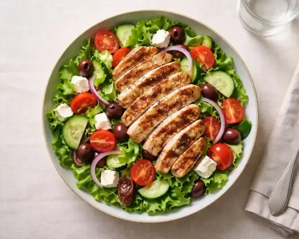 Enkel kyckling sallad med grillad kyckling, sallad, tomater, gurka, oliver och fetaost. Ett perfekt kyckling recept enkelt för en snabb lunch.