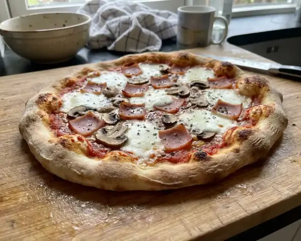 En härlig hemmagjord pizza med skinka och champinjoner, redo att avnjutas.
