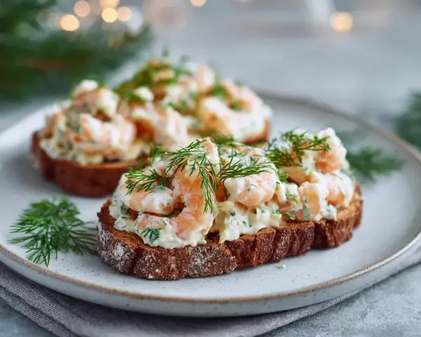 Två toast Skagen på mörkt bröd, toppade med räkor, majonnäs och dill. En klassisk svensk delikatess.