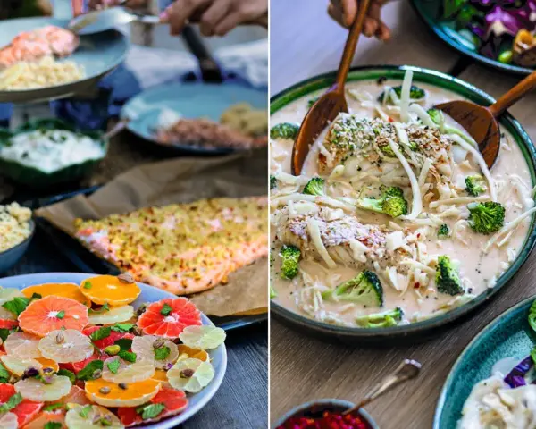 Härliga mat tips för en festmåltid: en färgsprakande citrus- och pistagesallad, krämig fisk med broccoli och quinoa.