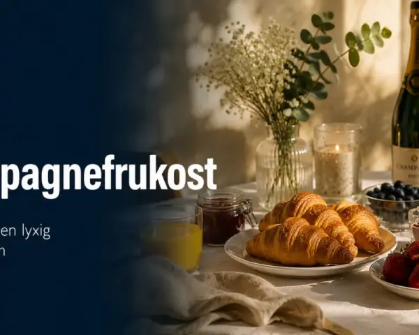 En lyxig champagnefrukost med croissanter, bär och bubbel. Perfekt för att fira studenten!