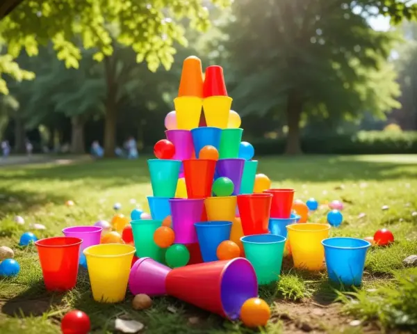 Färgglada plastmuggar och bollar ligger utspridda på gräset, redo för roliga 5 kamp lekar i parken.