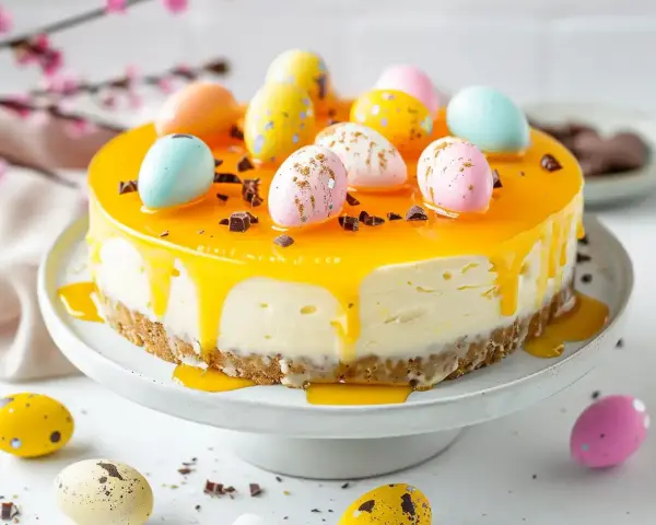 En vacker cheesecake påsk med gul glasyr och dekorerade påskägg. Perfekt för påskfirandet!