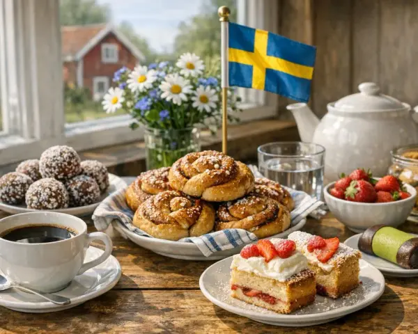 En fika med kanelbullar, jordgubbstårta, chokladbollar och en svensk flagga. Typiskt svenskt!