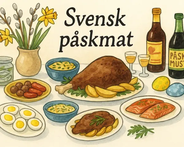 En illustration av ett festligt bord med svensk påskmat: köttbullar, prinskorv, lax, ägg, kalkon, potatis, påskmust och påskris.