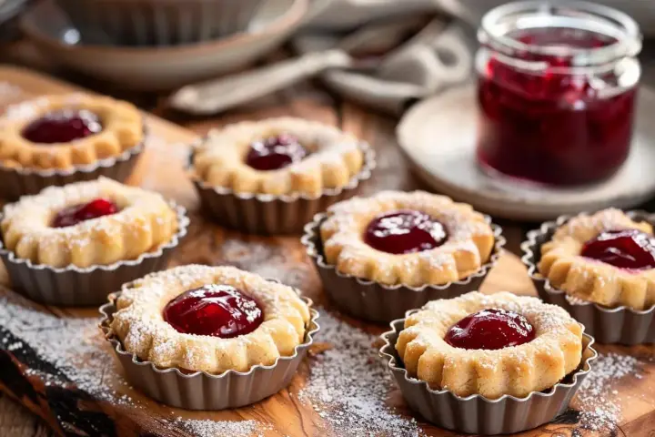 Små hallongrottor, perfekta för fikat. Ett enkelt hallongrottor recept ger dessa söta bakverk med sylt i mitten.