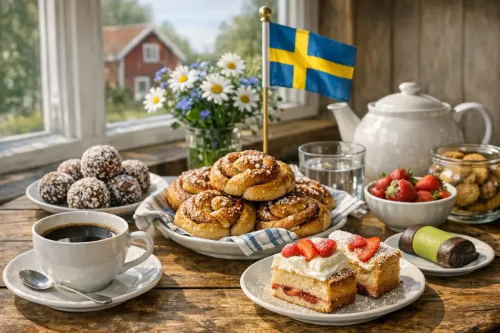 En fika med kanelbullar, jordgubbstårta, chokladbollar och en svensk flagga. Typiskt svenskt!