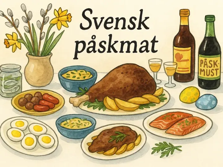 En illustration av ett festligt bord med svensk påskmat: köttbullar, prinskorv, lax, ägg, kalkon, potatis, påskmust och påskris.