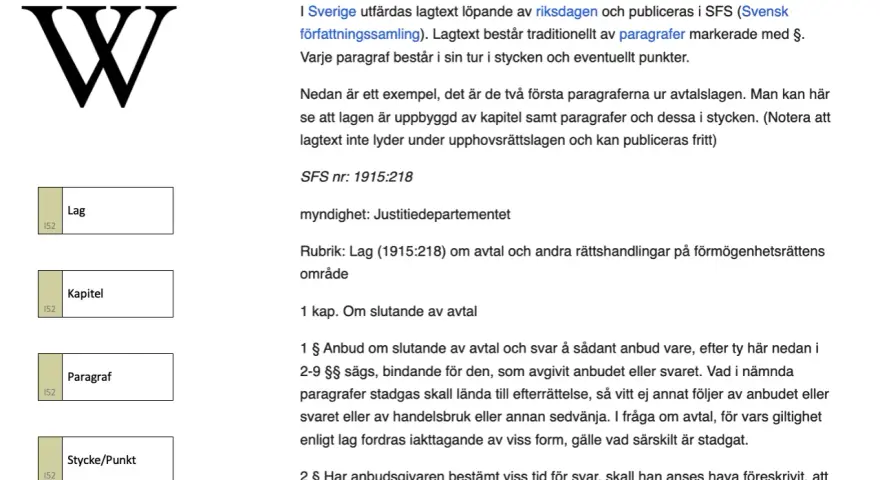 Exempel på lagtext i Sverige, med rubriker som "Lag", "Kapitel" och "Paragraf". Detta visar hur konstiga lagar i Sverige kan vara strukturerade.