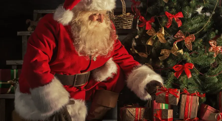 Jultomten, med sitt vita skägg och röda dräkt, sorterar julklappar vid ett dekorerat träd. Här är fakta om jultomten.