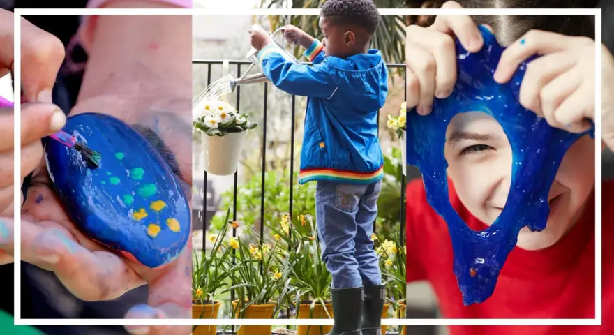 Kreativa aktiviteter för barn 10-12 år hemma: måla stenar, vattna blommor och leka med slime.