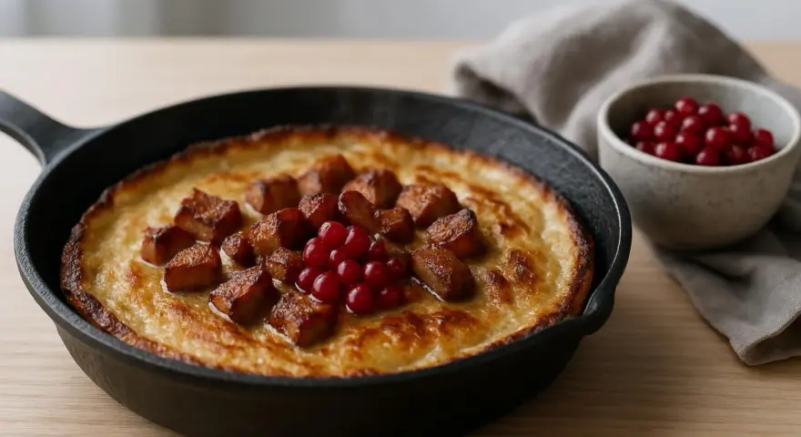Kolbulle recept: Pannkaka i gjutjärnspanna med stekt fläsk och lingon. En klassisk svensk rätt.