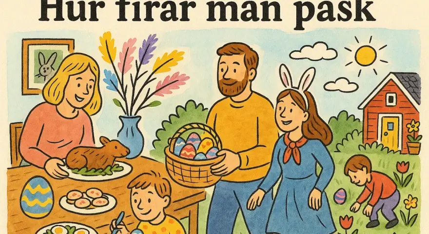 Familjen firar påsk afton med påskmat, målade ägg och påskris. En pojke målar ägg, en flicka med kaninöron bär en korg med ägg.