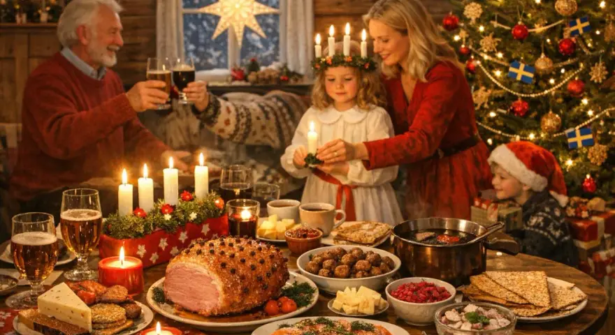 En familj firar jul med en traditionell svensk julmiddag. Fakta om jul: en stjärna lyser i fönstret, granen är klädd och barnen har ljus.