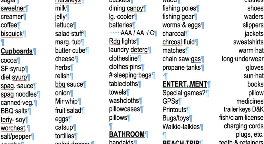 En detaljerad packlista camping med allt från mat och köksutrustning till kläder och personliga tillhörigheter.