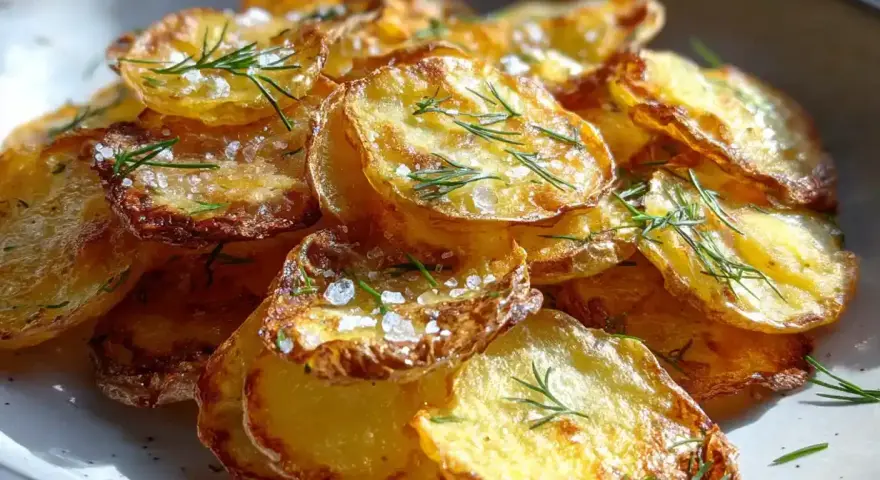 Krispiga potatis i ugn, toppade med flingsalt och färsk dill. Enkel men utsökt rätt.