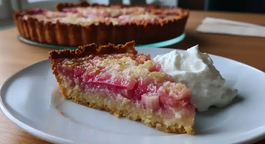 En saftig bit glutenfri rabarberpaj med en klick vispad grädde. Pajen har en gyllene botten och fyllning med rosa rabarberbitar.