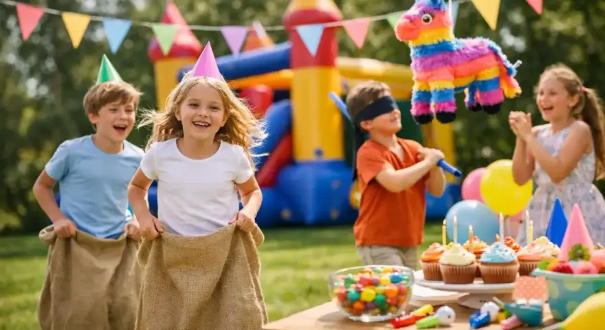 Barn gläds åt säckhoppning och piñata-lek, perfekta aktiviteter för att hitta på med barn. En färgsprakande födelsedagsfest utomhus.