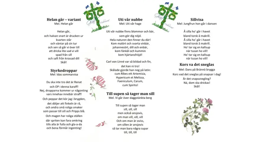 Sida med texter till enkla snapsvisor, som "Helan går" och "Uti vår nubbe". Illustrationer av blommor och flaggor.