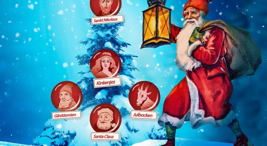 En julgran med porträtt av Sankt Nikolaus, Kinkenjes, Gårdstomten, Julbocken och Santa Claus. En tomte med lykta och säck. En visuell resa för att förstå var kommer tomten ifrån.