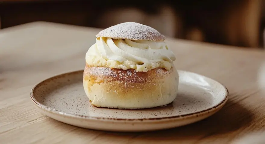 En semla med rikligt med vispad grädde och mandelmassa till semlor, pudrad med florsocker.