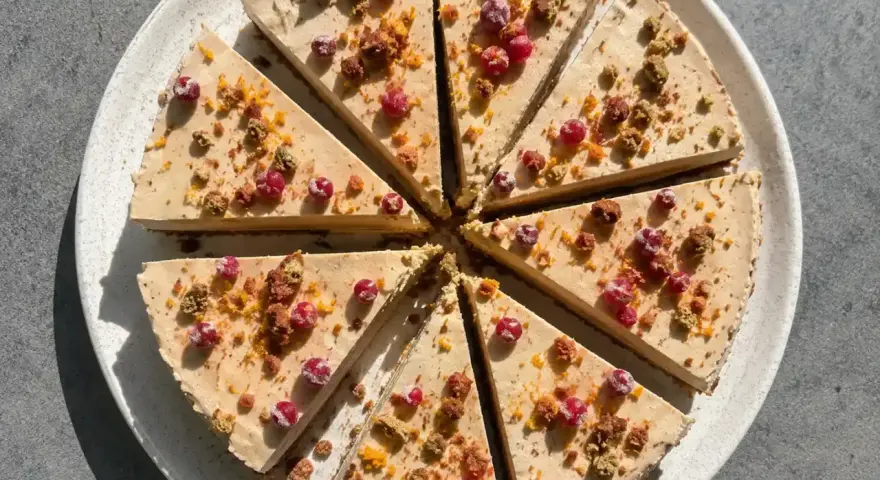 En skivad pepparkakscheesecake med lingon, garnerad med smulor och apelsinzest. En härlig juldessert!