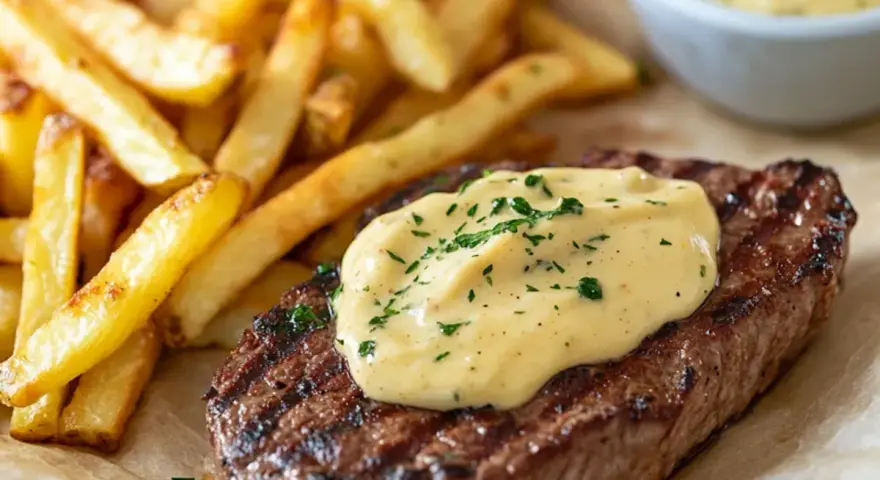 Grillad biff med pommes frites och en krämig bearnaisesås. Ett perfekt bearnaisesås recept för en lyxig middag.
