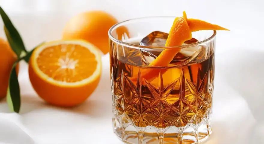 En drink med is och apelsinskal, bredvid färska apelsiner. Perfekt för ett sockerlag recept.