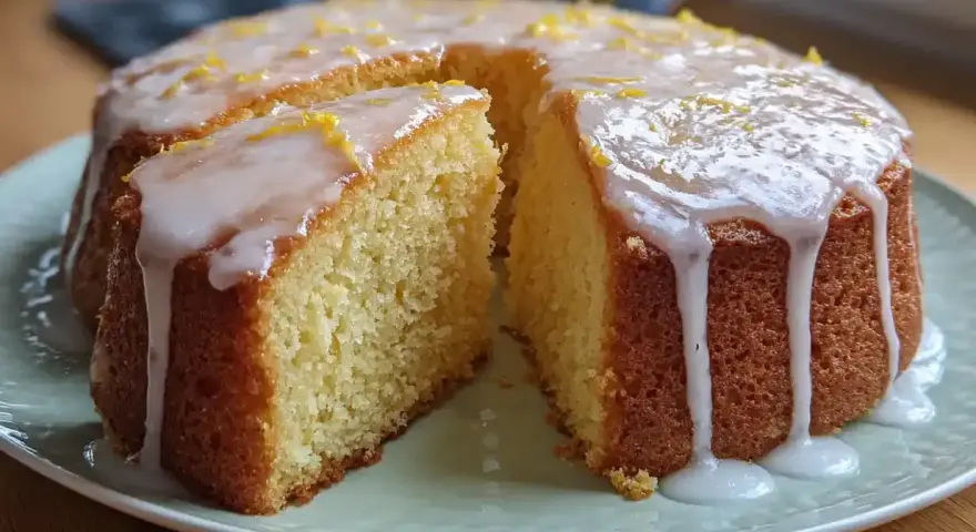 En saftig sockerkaka med citron, täckt av glasyr och rivet citronskal. En bit är uppskuren.