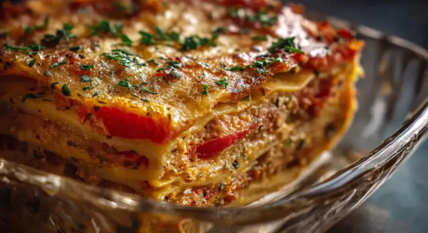 En saftig vegetarisk lasagne med lager av pasta, tomatsås och ost, toppad med färska örter.