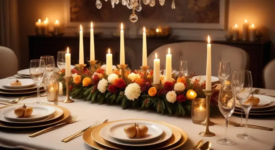 Vackert dukat bord med levande ljus och blommor, redo för en mysig middag. Bordslekar kan förhöja stämningen ytterligare.